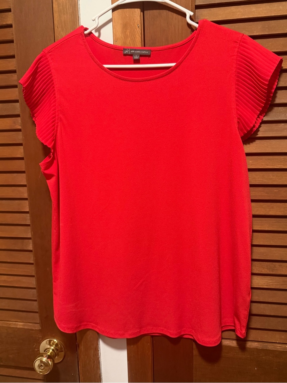 Adrianna Papell Red Pleated Sleeve Round Neck Blouse